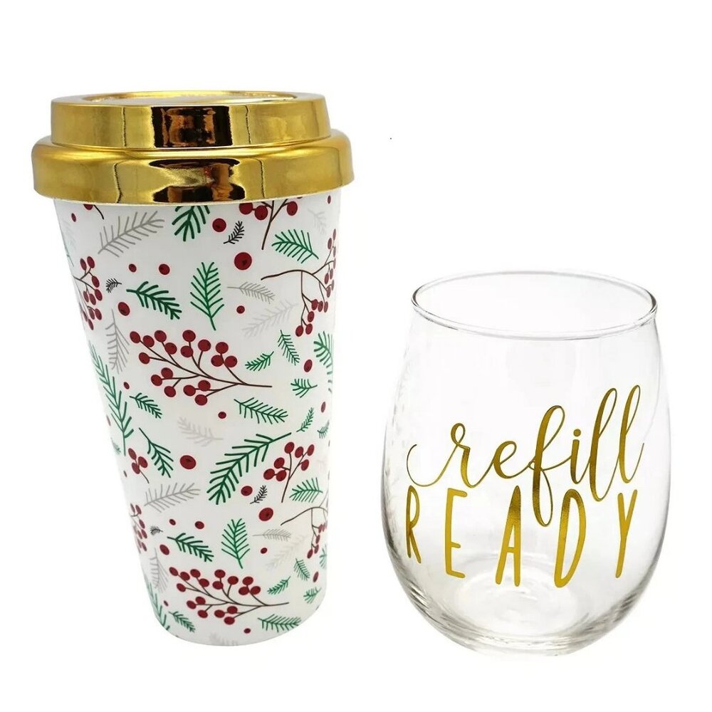 TMD Holdings 2-Piece Holly Berry Acrylic Travel Mug & Stemless Wine Glass Set